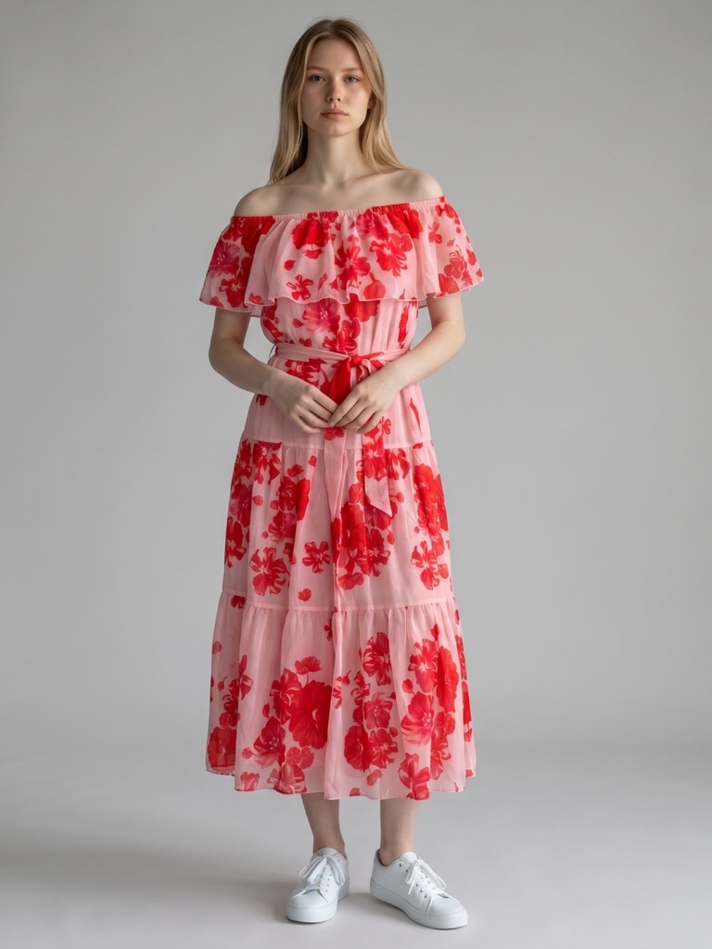 Off-Shoulder Pink and Red Floral Maxi Dress
